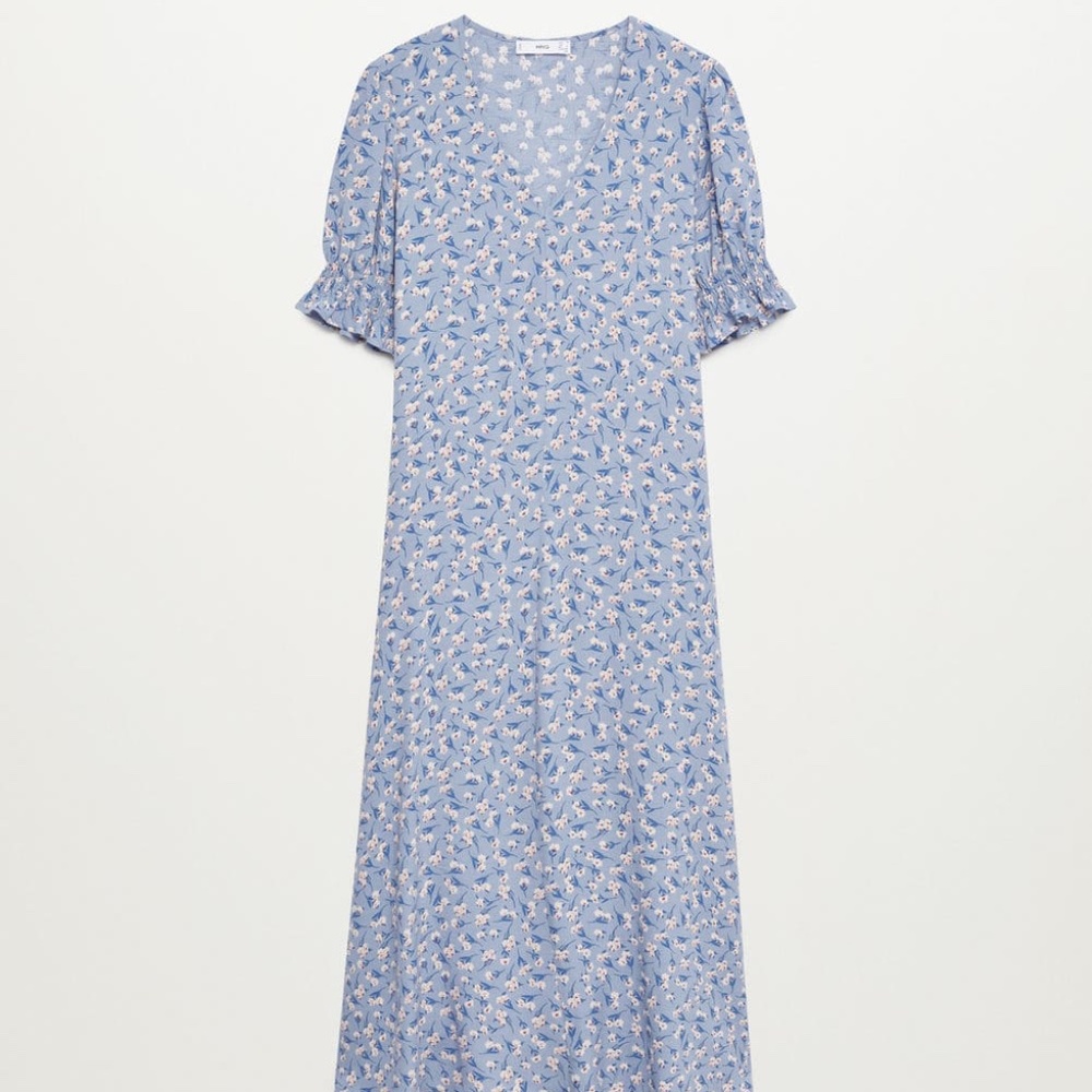 Flowy Blue Flower Printed Viscose Dress with self tie